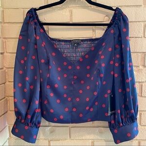 NEW eloquii size 20 polka dot Satin Navy Red Smocked Blouse Top Sexy NWT